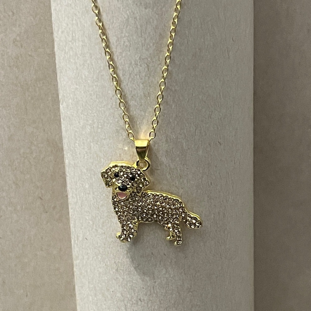 Golden Retriever Crystal Pave Dog Pendant Necklace - Gold Tone Dog Puppy